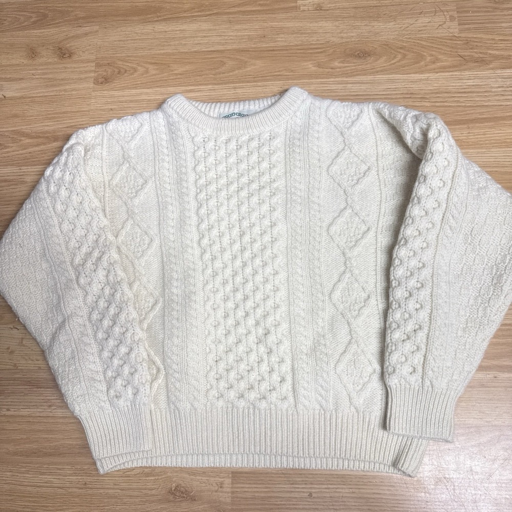Aran Crafts Fishermans Sweater Womens Large Ivory Merino Wool Cable Knit Chunky